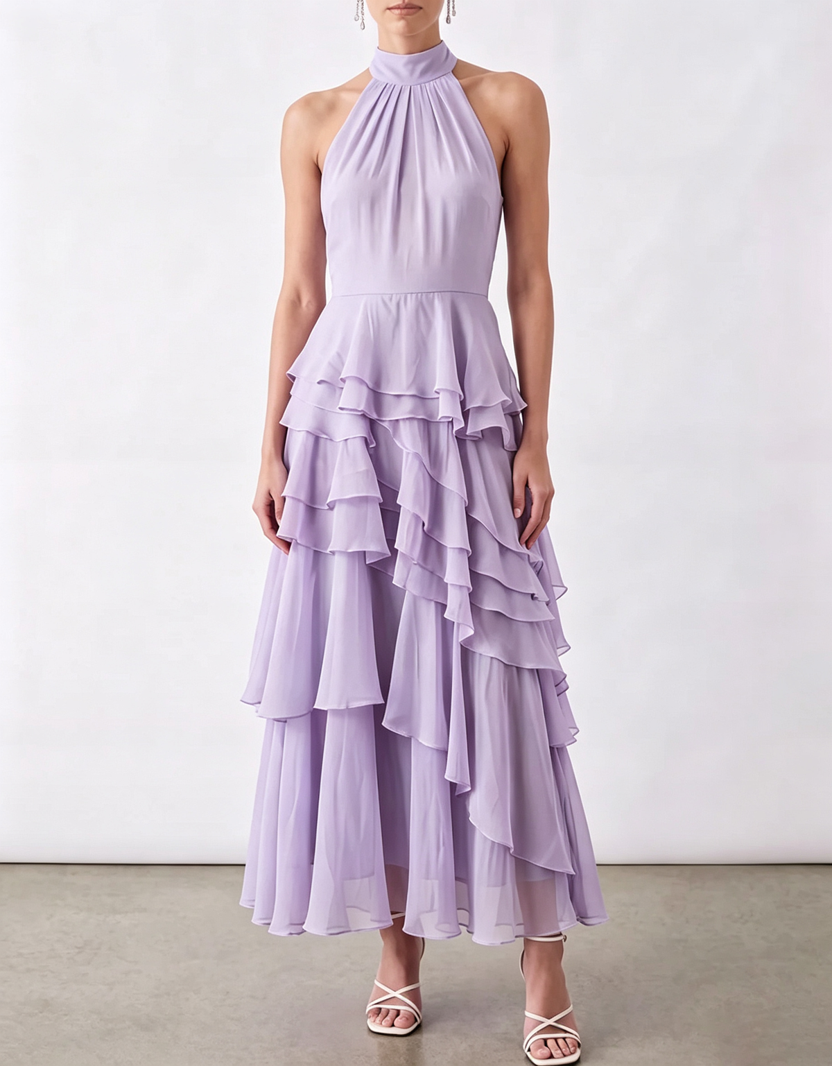 Halter Tie Back Bow Tiered Ruffle Chiffon Midi Dress