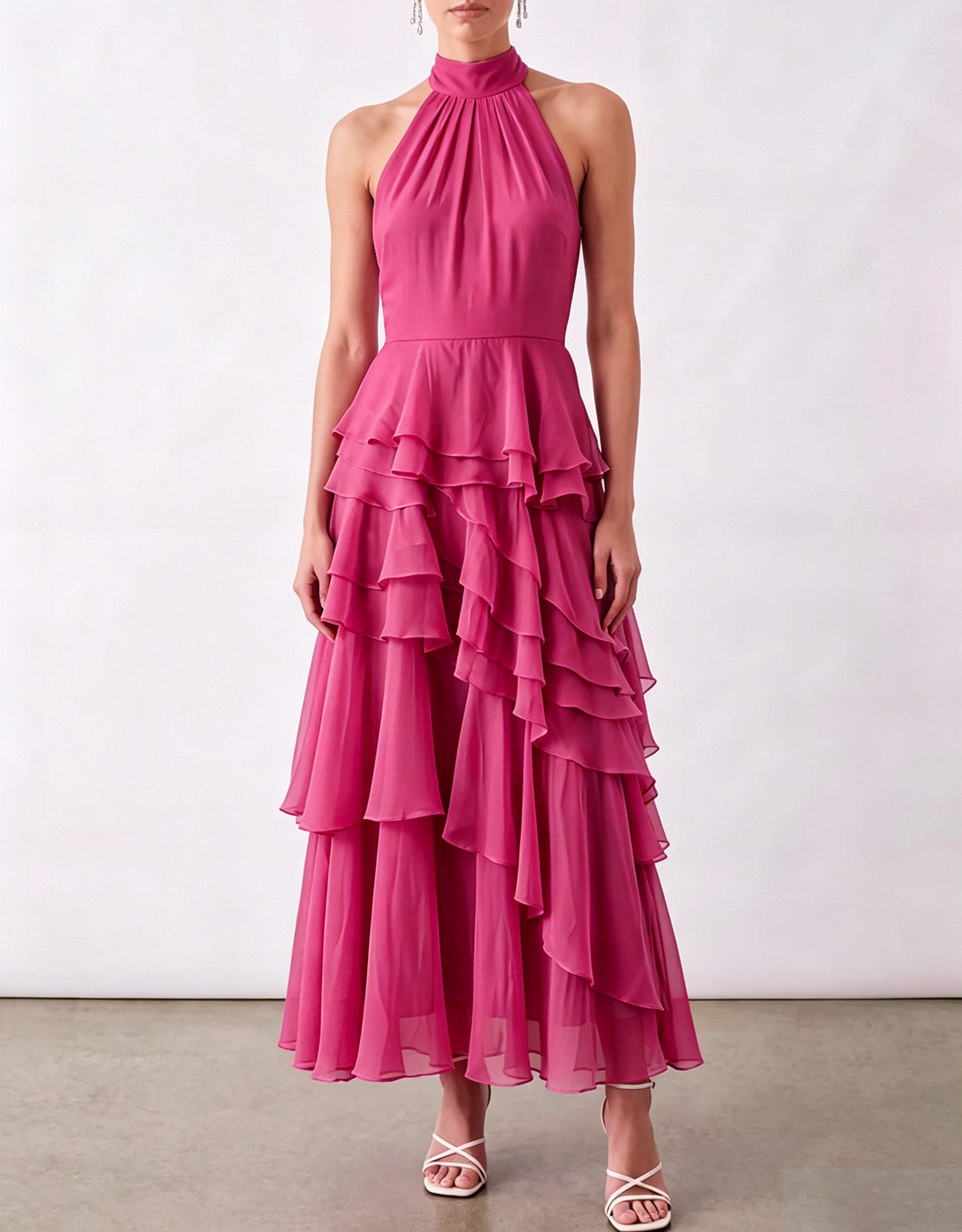 Halter Tie Back Bow Tiered Ruffle Chiffon Midi Dress