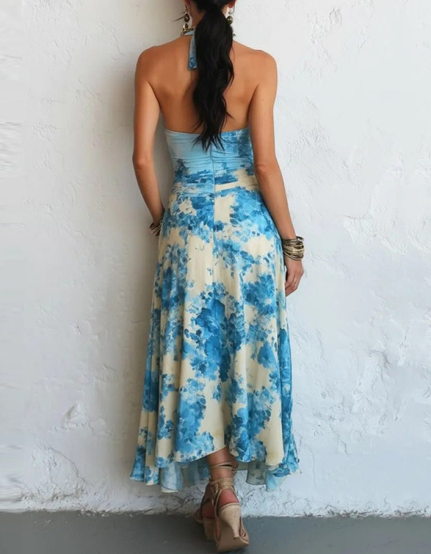 Robe midi en mousseline asymétrique à nouer autour du cou, base crème avec motif floral bleu tie-dye