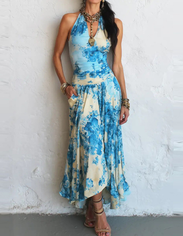 Cream Base Blue Floral Tie-Dye Halter Asymmetrical Chiffon Midi Dress
