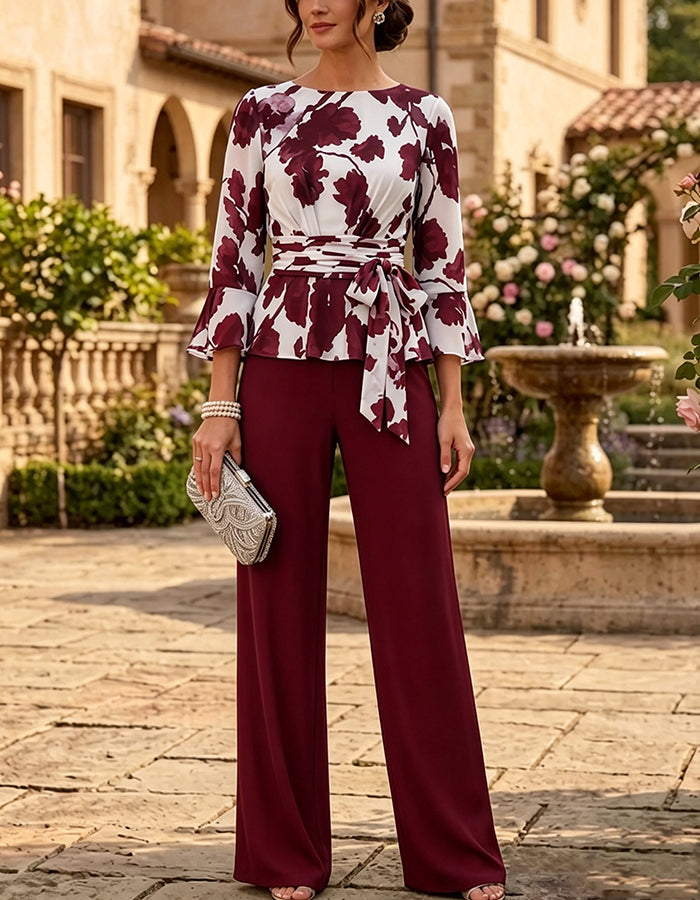 Set două piese bleumarin din chiffon cu imprimeu floral, guler barcă și pantaloni largi uni bleumarin