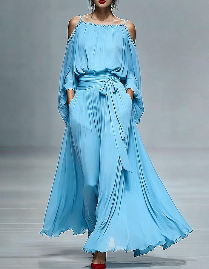 Vestido Maxi de Chiffon Rosa Pálido com Ombros Descobertos  