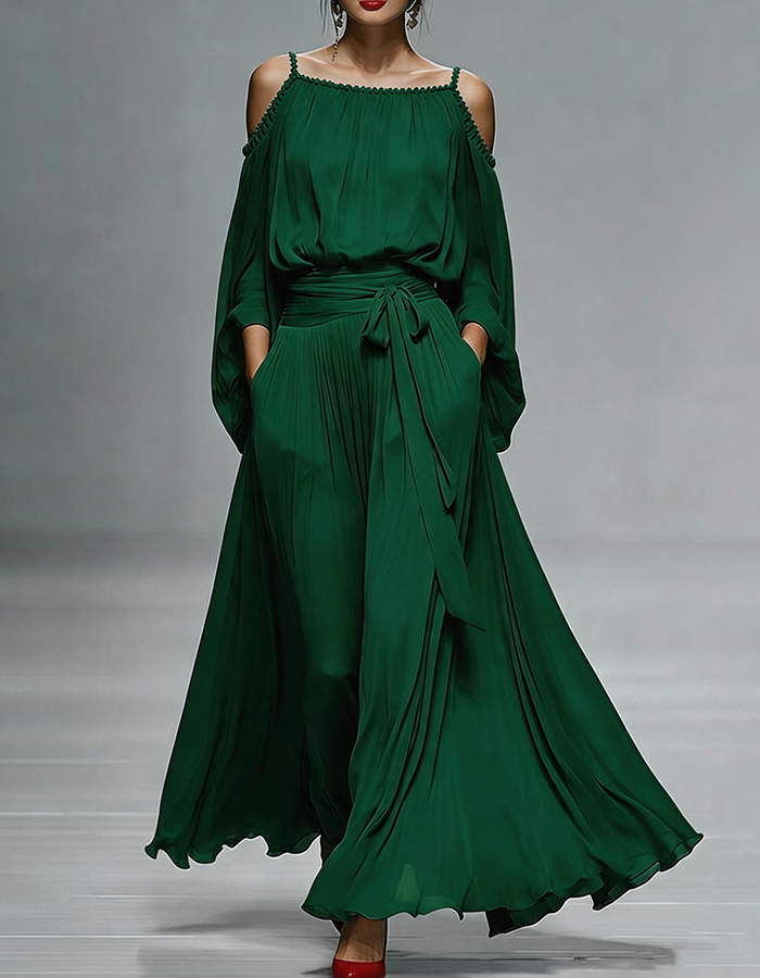 Vestido Maxi de Chiffon Rosa Pálido com Ombros Descobertos  