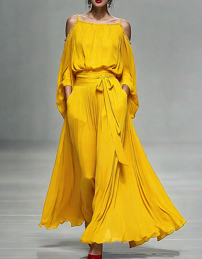 Vestido Maxi de Chiffon Rosa Pálido com Ombros Descobertos  