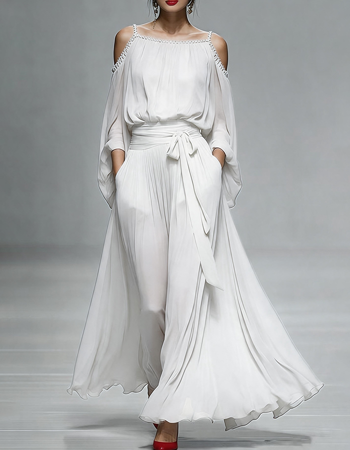 Vestido Maxi de Chiffon Rosa Pálido com Ombros Descobertos  