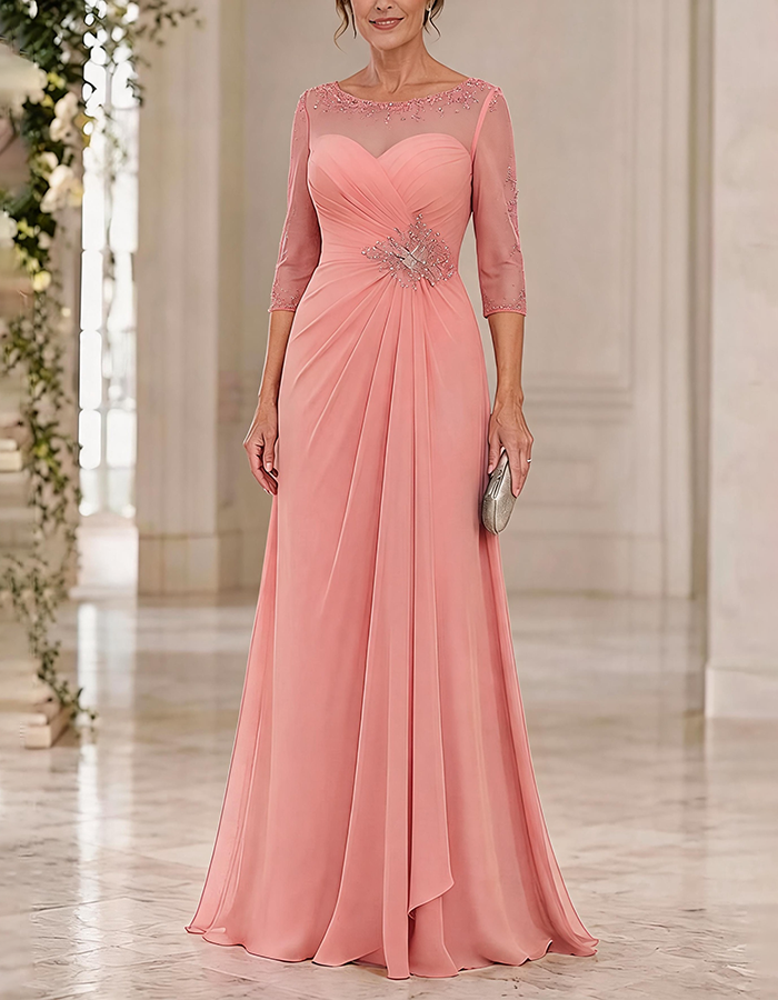 Dusty Blue Illusion Round Neck 3/4 Beaded Sleeve Cross Ruched Chiffon Maxi Dress