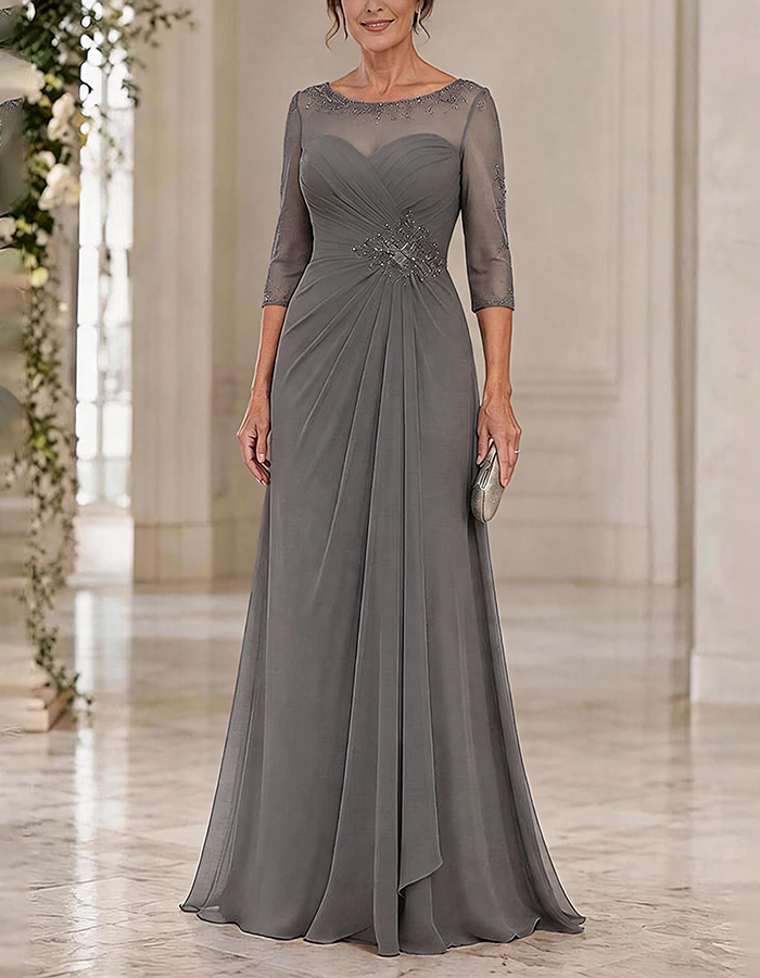 Dusty Blue Illusion Round Neck 3/4 Beaded Sleeve Cross Ruched Chiffon Maxi Dress