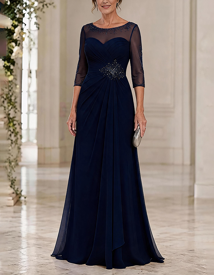 Dusty Blue Illusion Round Neck 3/4 Beaded Sleeve Cross Ruched Chiffon Maxi Dress