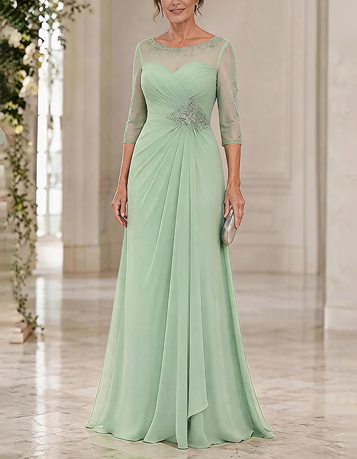 Dusty Blue Illusion Round Neck 3/4 Beaded Sleeve Cross Ruched Chiffon Maxi Dress