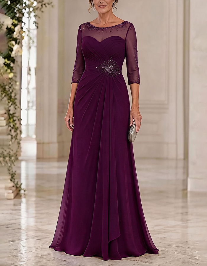 Dusty Blue Illusion Round Neck 3/4 Beaded Sleeve Cross Ruched Chiffon Maxi Dress
