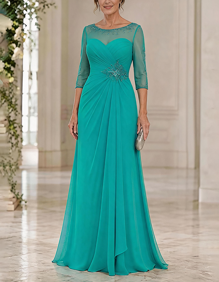 Dusty Blue Illusion Round Neck 3/4 Beaded Sleeve Cross Ruched Chiffon Maxi Dress