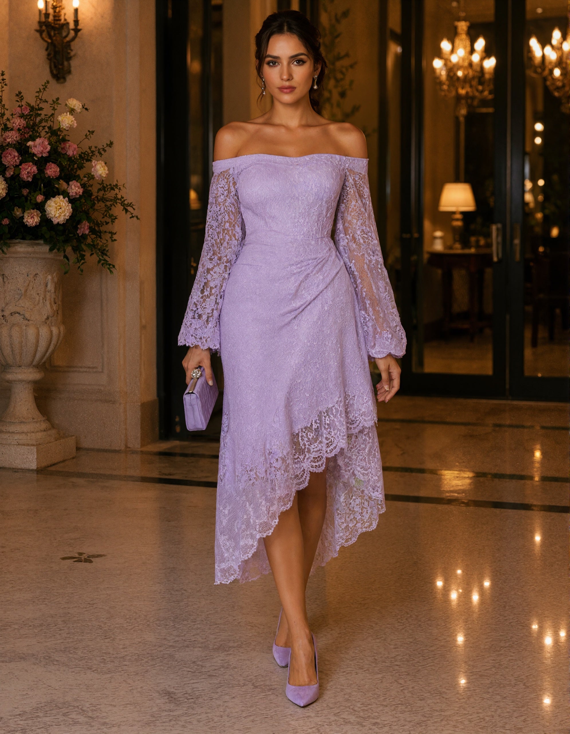 Robe midi violette à dentelle avec épaules dénudées et manches longues évasées