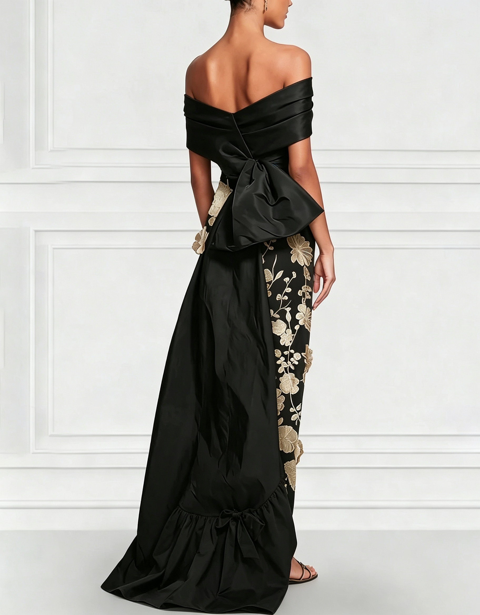 Vestido maxi de satén con bordado floral 3D, escote off the shoulder, cola y lazo en la espalda