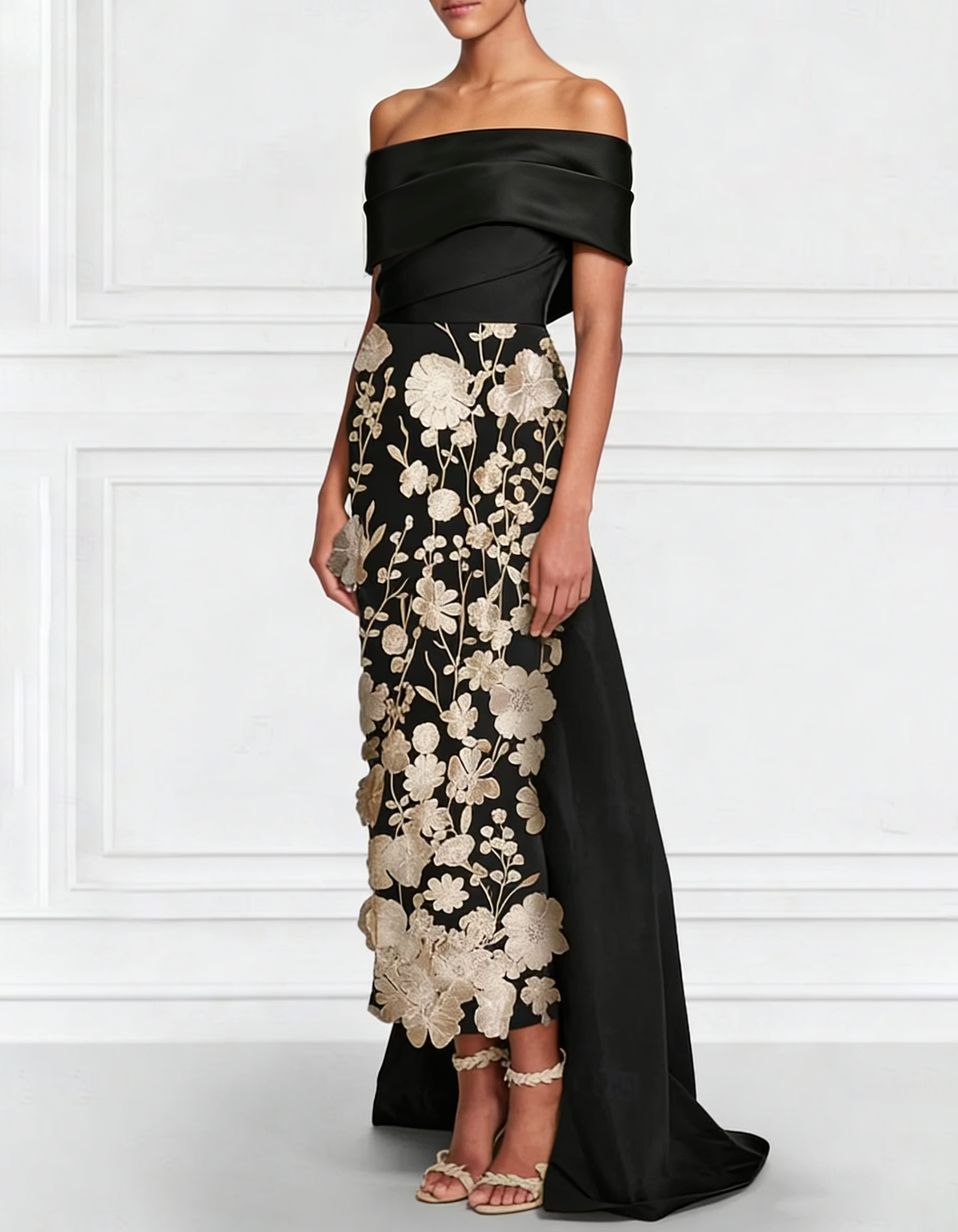 Vestido Maxi de Cetim com Bordado Floral 3D, Ombros Descobertos, Cauda e Laço nas Costas