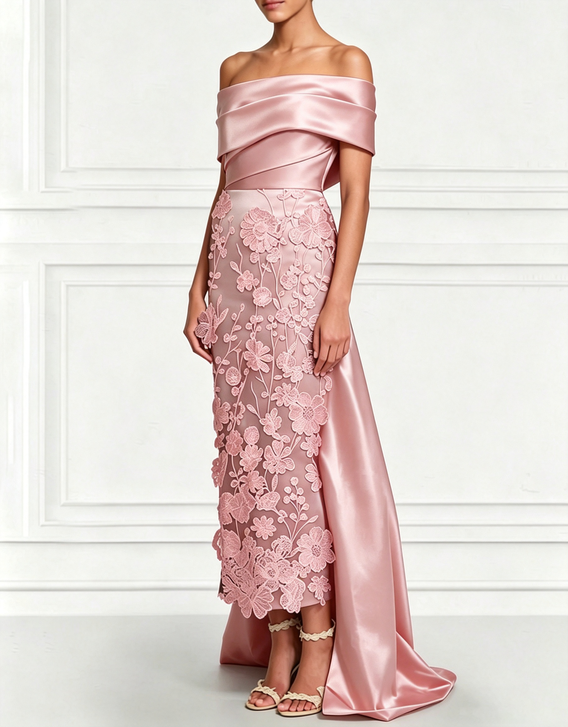 Vestido Maxi de Cetim com Bordado Floral 3D, Ombros Descobertos, Cauda e Laço nas Costas