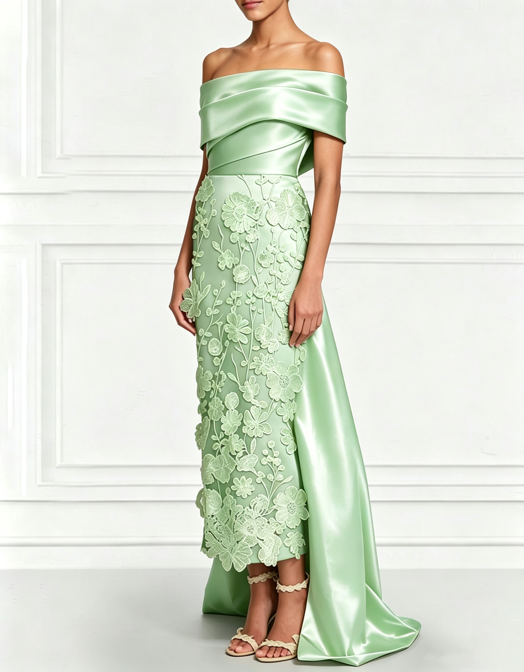 Vestido Maxi de Cetim com Bordado Floral 3D, Ombros Descobertos, Cauda e Laço nas Costas