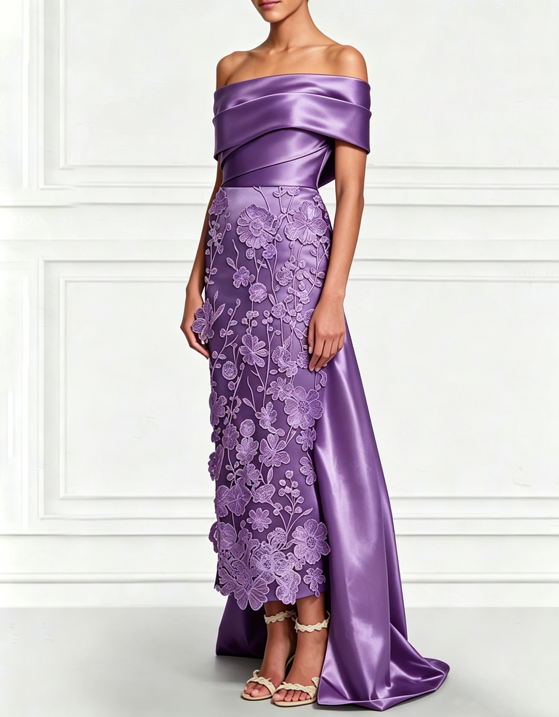 Vestido Maxi de Cetim com Bordado Floral 3D, Ombros Descobertos, Cauda e Laço nas Costas