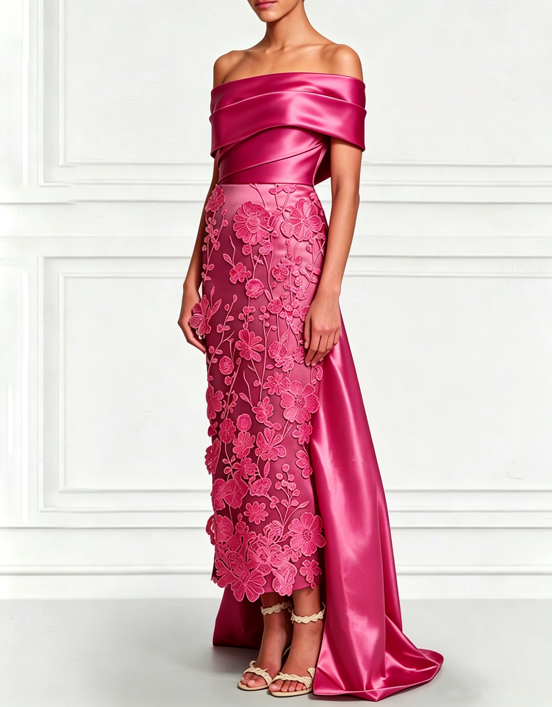 Vestido Maxi de Cetim com Bordado Floral 3D, Ombros Descobertos, Cauda e Laço nas Costas