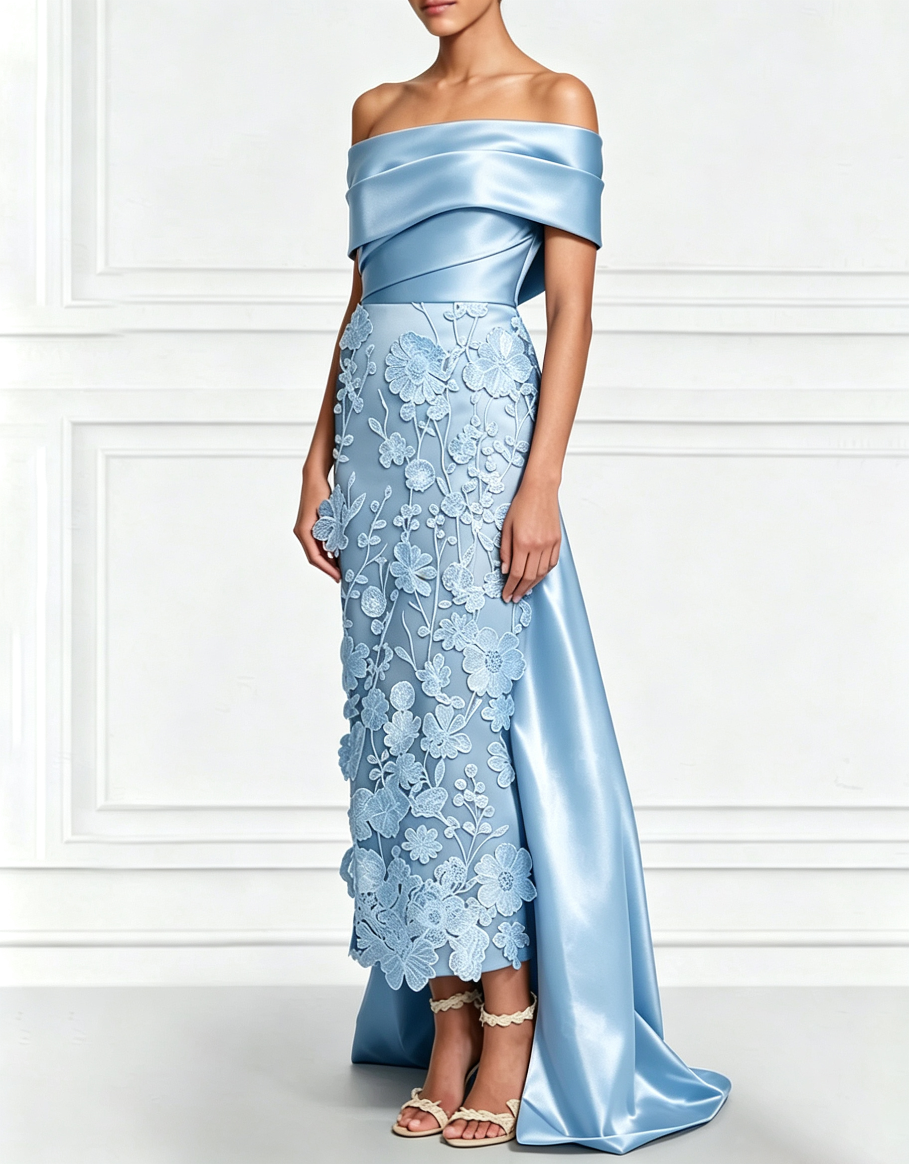 Vestido Maxi de Cetim com Bordado Floral 3D, Ombros Descobertos, Cauda e Laço nas Costas
