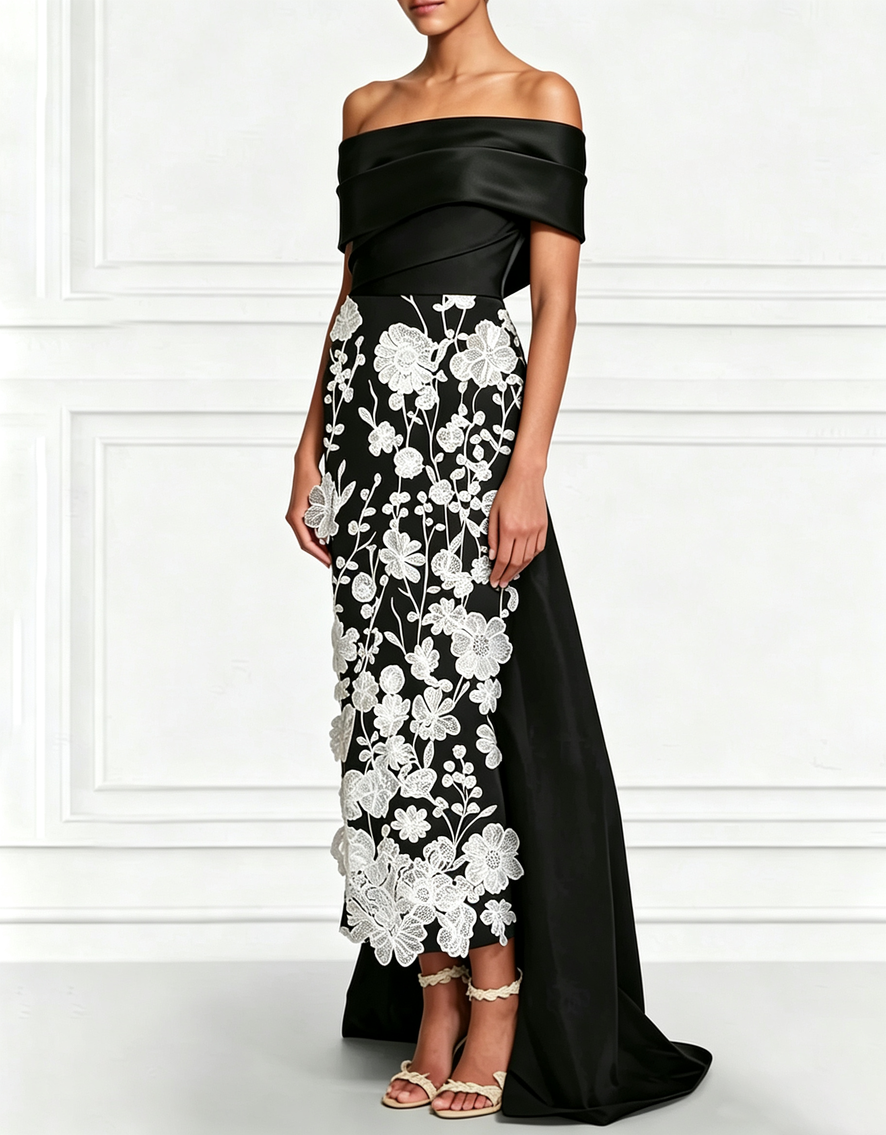 Vestido Maxi de Cetim com Bordado Floral 3D, Ombros Descobertos, Cauda e Laço nas Costas