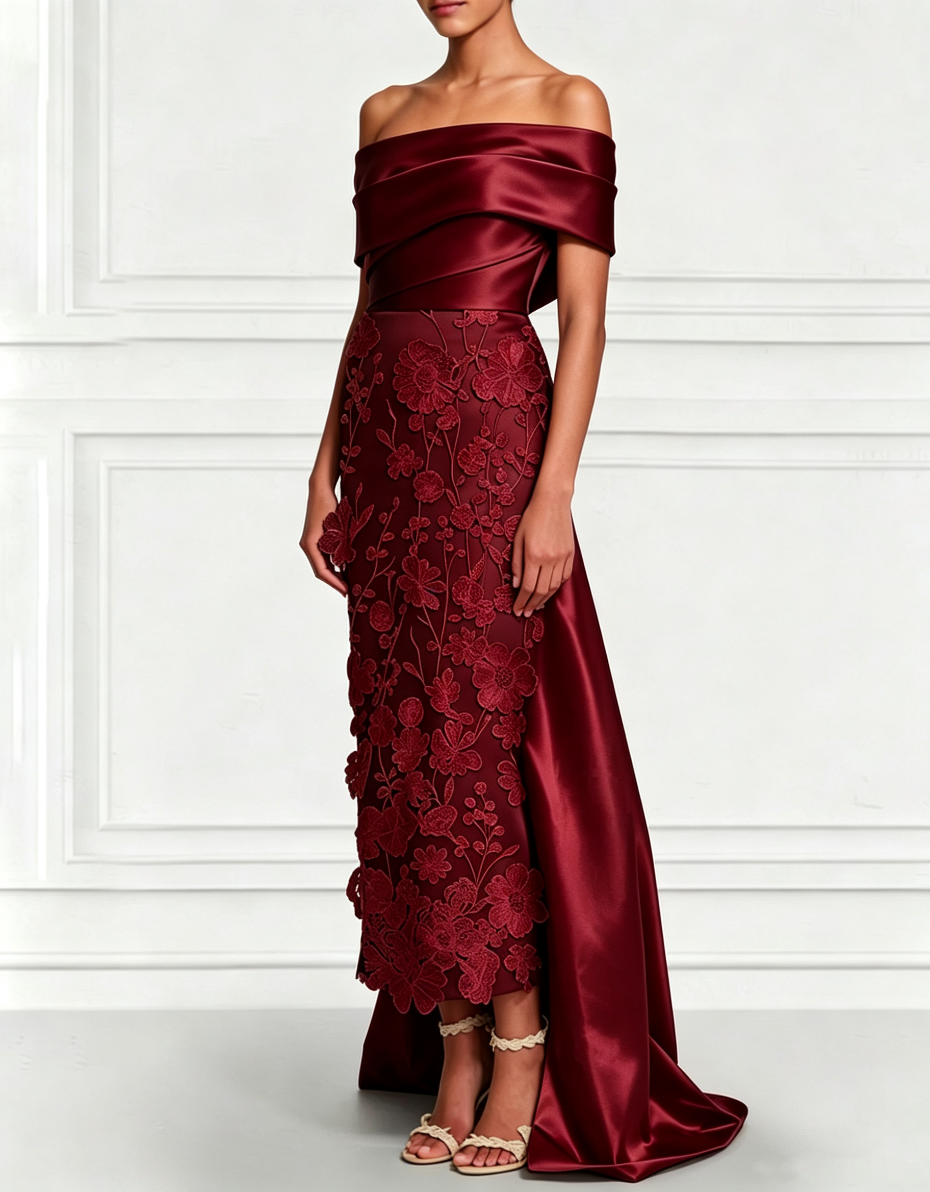 Vestido Maxi de Cetim com Bordado Floral 3D, Ombros Descobertos, Cauda e Laço nas Costas