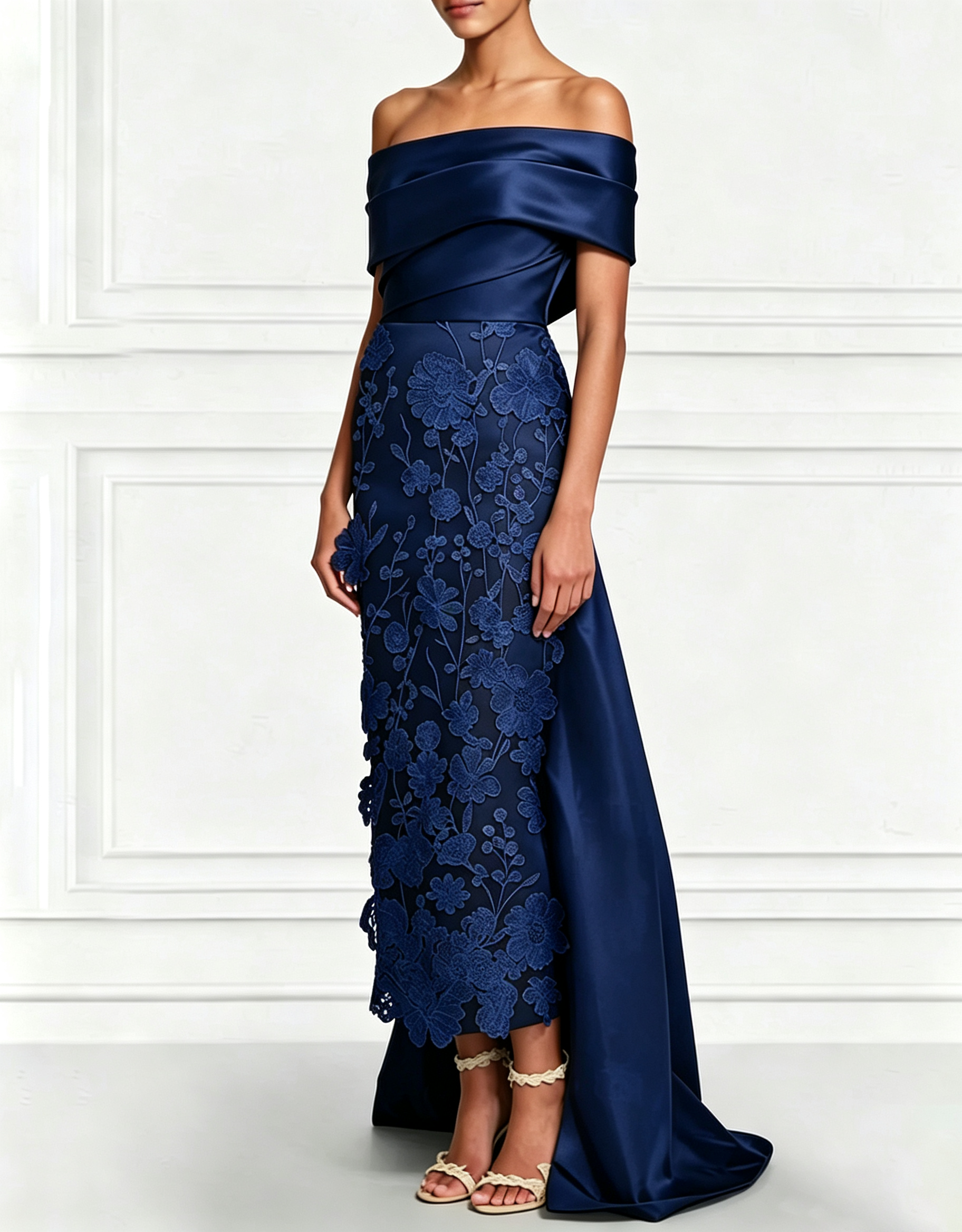 Vestido Maxi de Cetim com Bordado Floral 3D, Ombros Descobertos, Cauda e Laço nas Costas