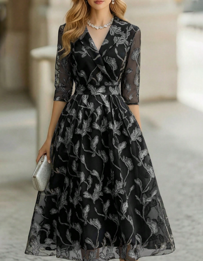 V-Neck Leaf Print Chiffon Elbow-Length Sleeves & Fitted Waist Midi Evening Dress