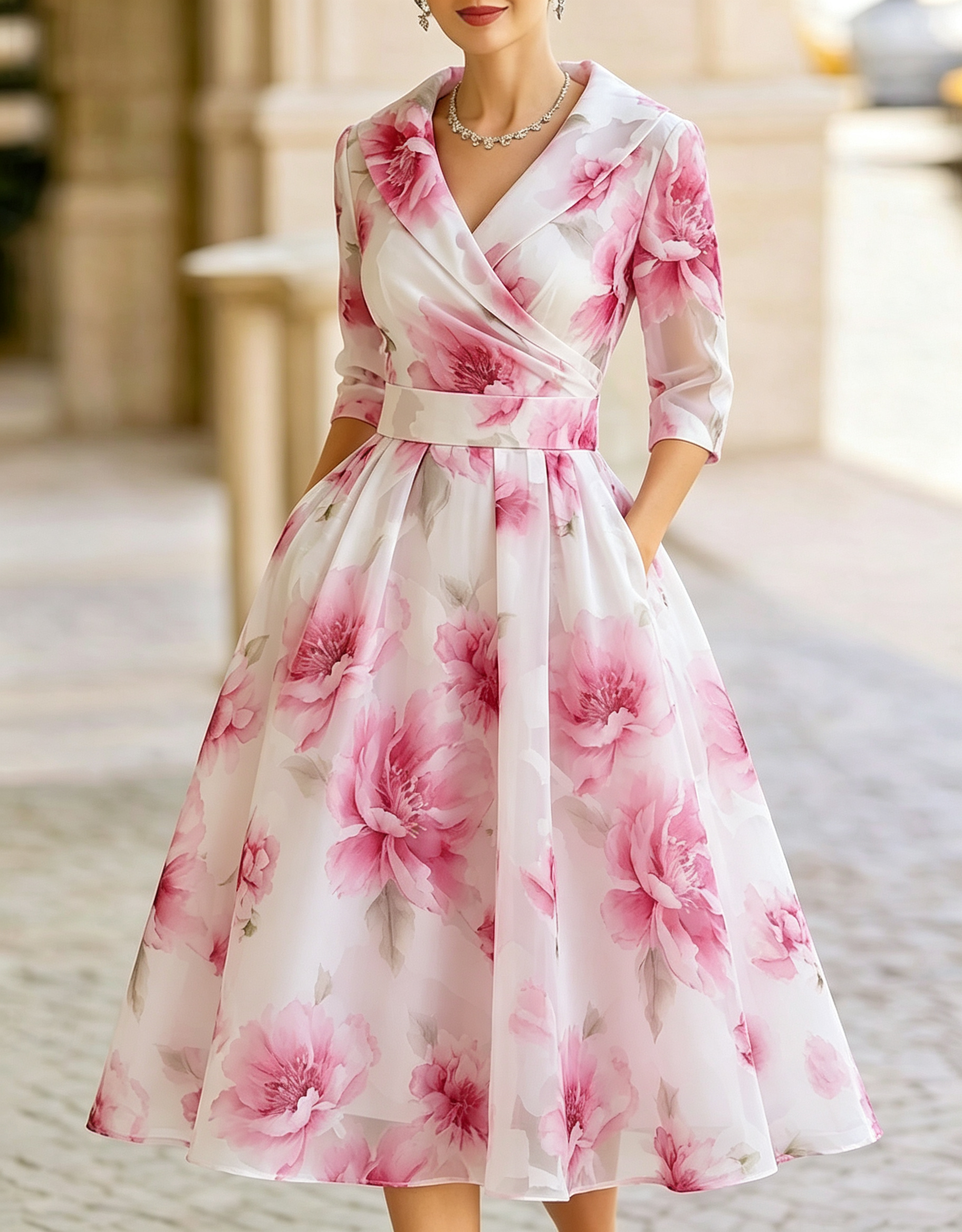 Vestido Midi de Chiffon Texturizado com Estampa Floral, Decote em V e Envolvente no Colarinho