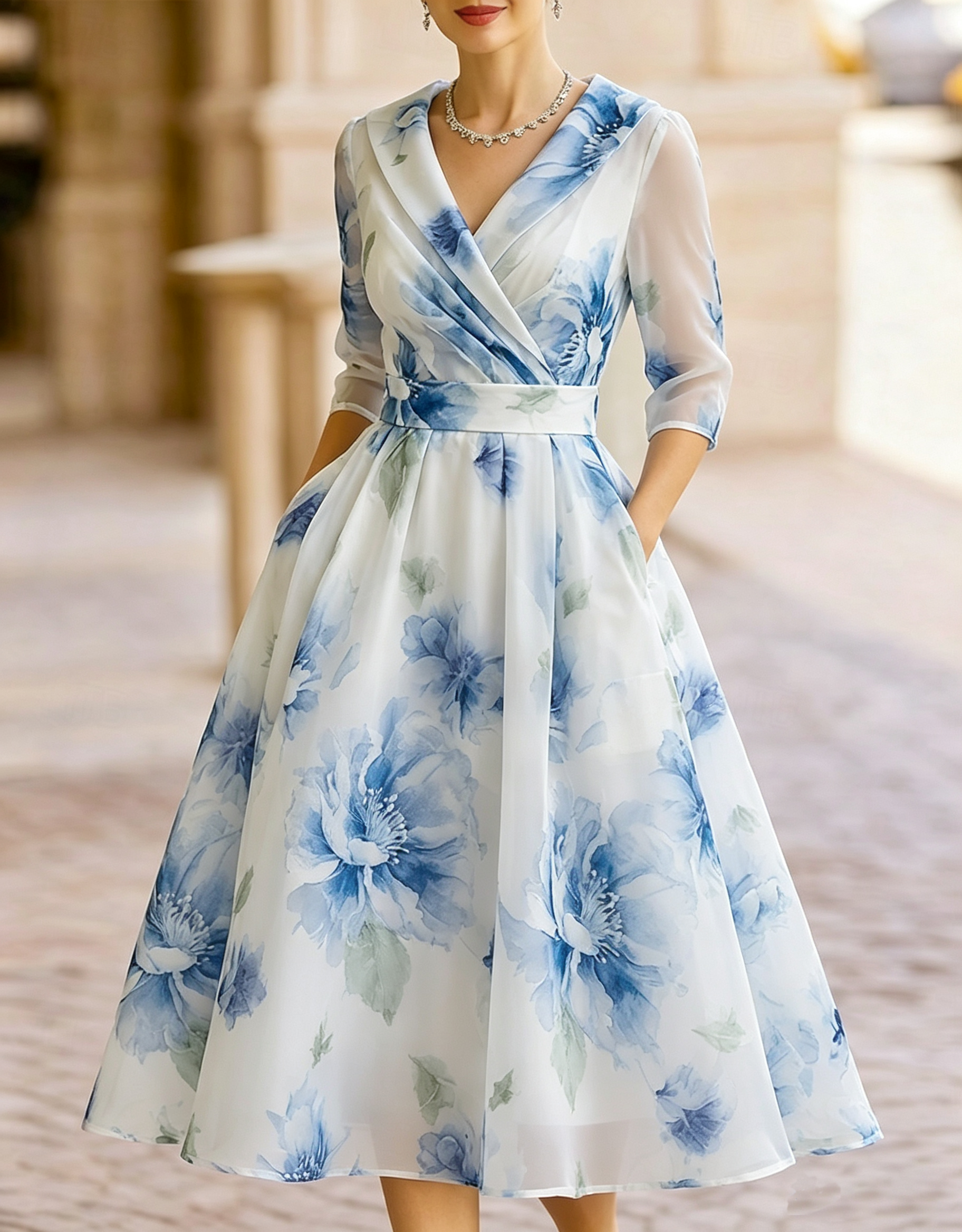 Vestido Midi de Chiffon Texturizado com Estampa Floral, Decote em V e Envolvente no Colarinho
