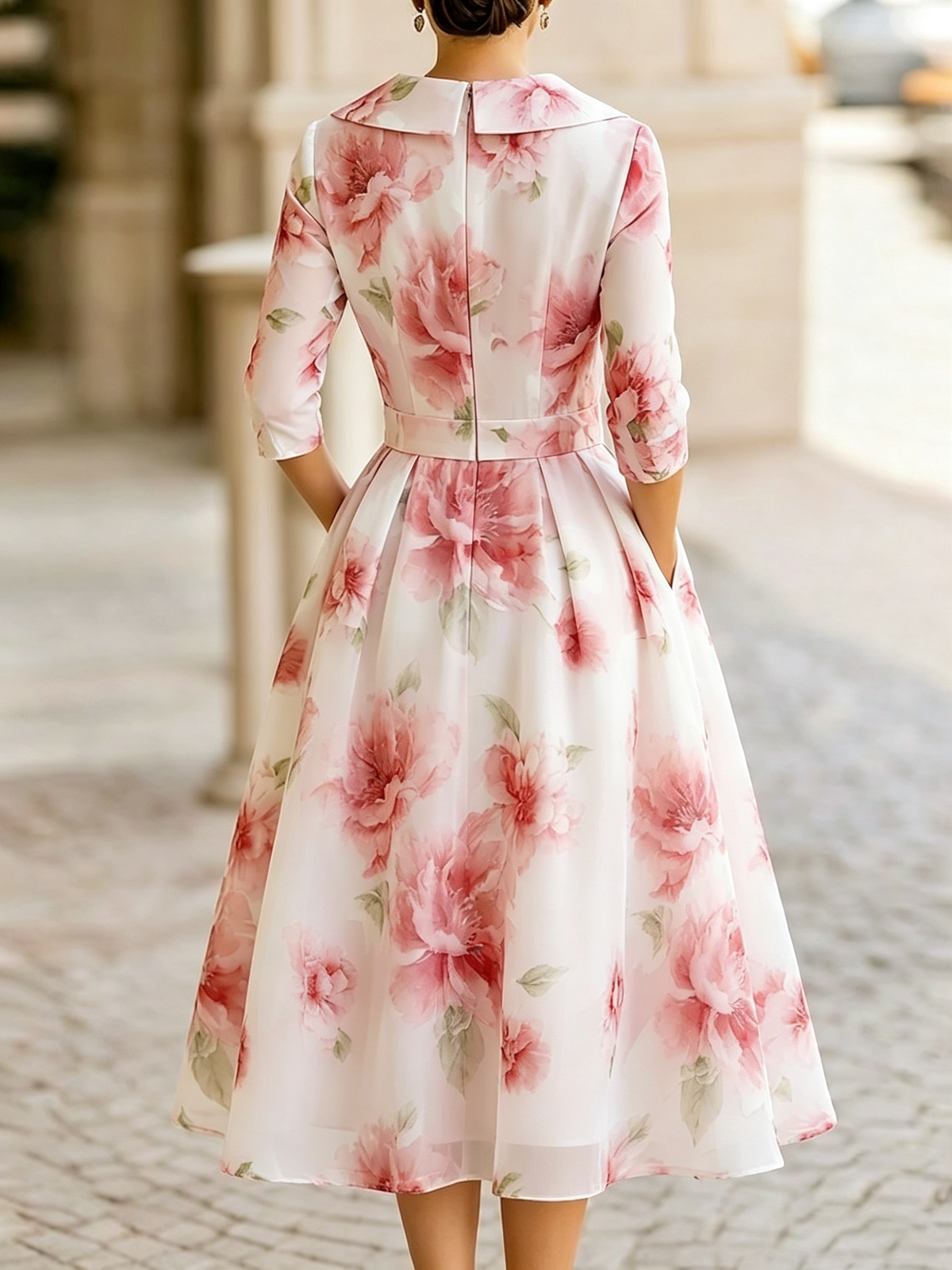 Vestido midi de gasa texturizada con estampado floral, escote en V y lazo en el cuello