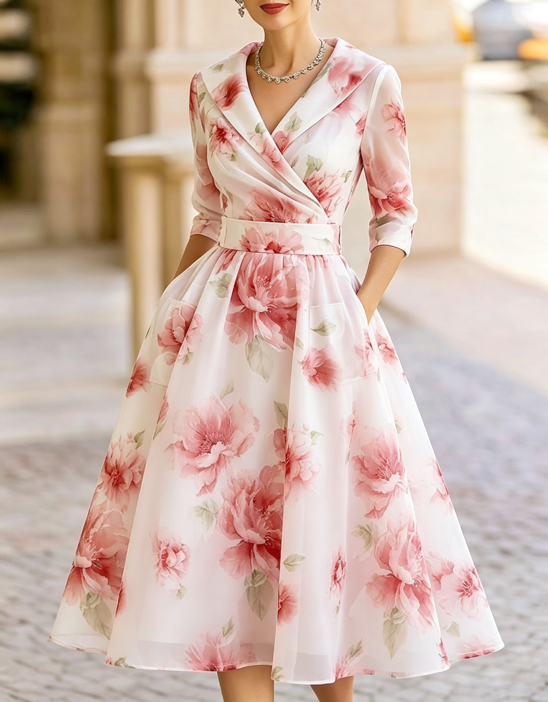Abito midi in chiffon testurizzato con scollo a V, stampa floreale e fascia da rever