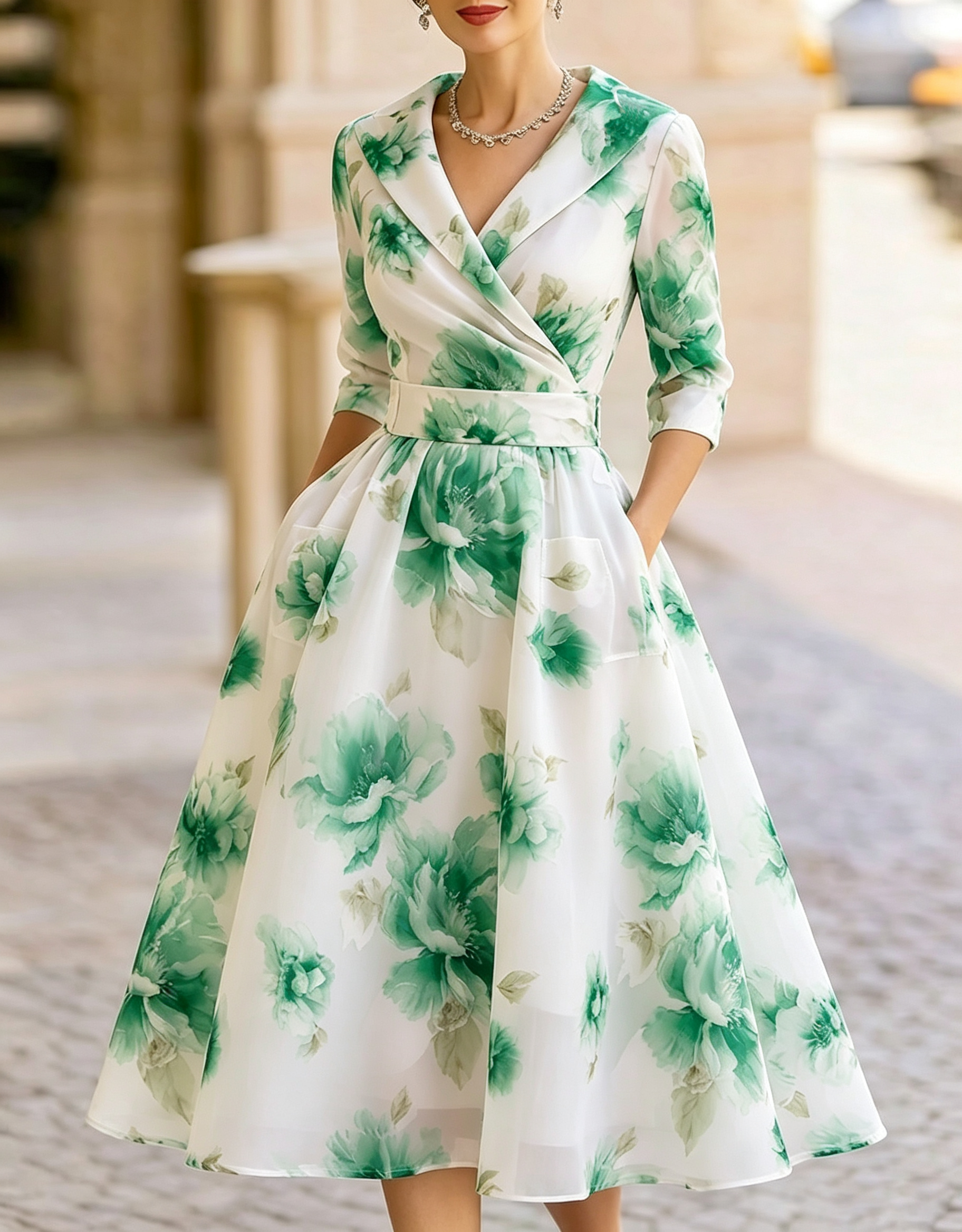 Vestido Midi de Chiffon Texturizado com Estampa Floral, Decote em V e Envolvente no Colarinho