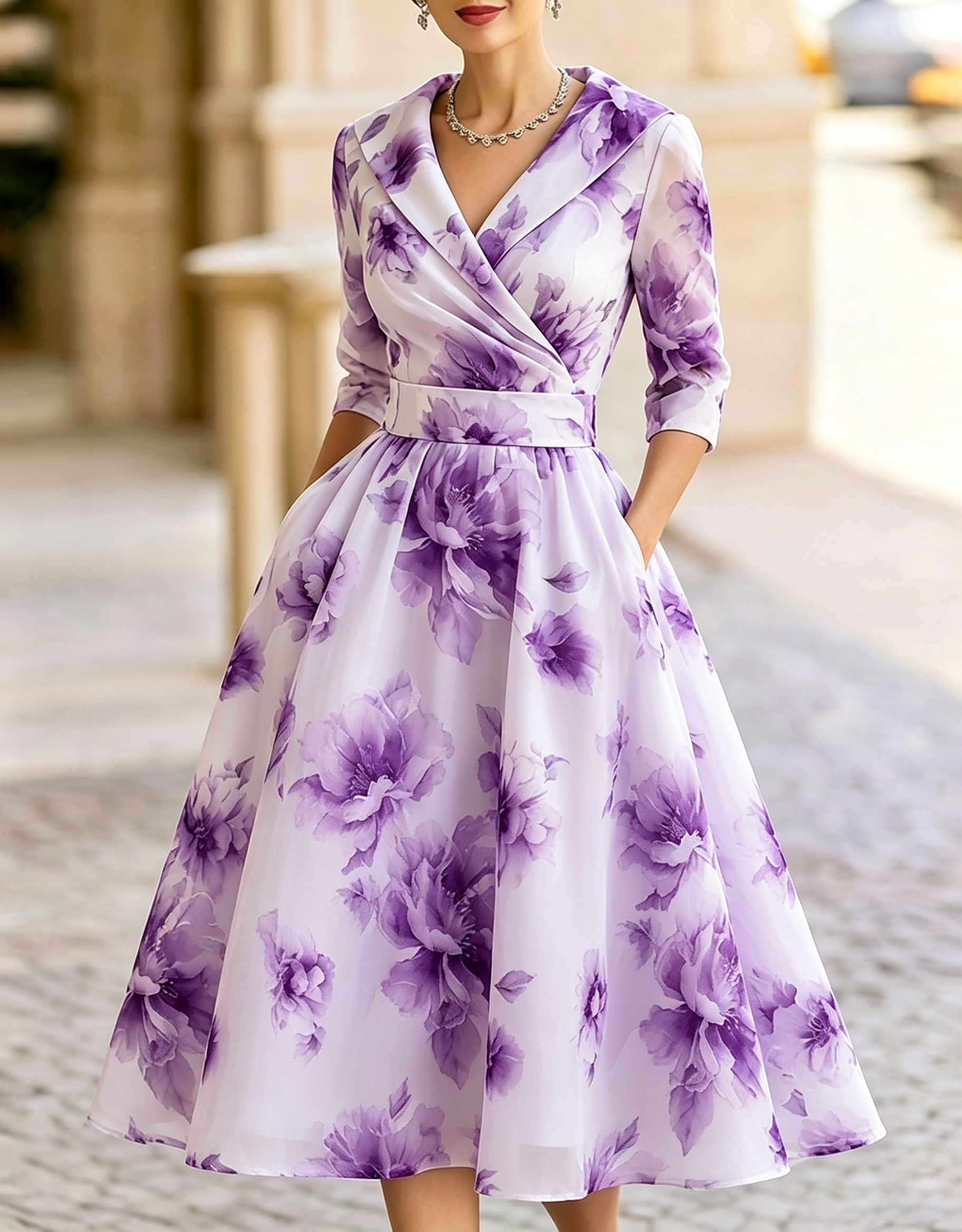 Vestido Midi de Chiffon Texturizado com Estampa Floral, Decote em V e Envolvente no Colarinho