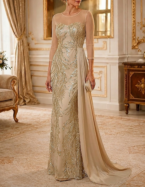 Abito lungo in chiffon con scollo rotondo, rete, paillettes e ricami