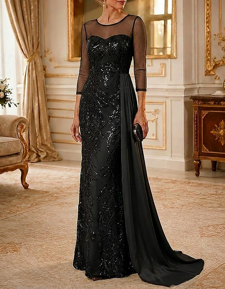 Maxikleid aus Chiffon mit Rundhalsausschnitt, Mesh, Pailletten und Stickerei