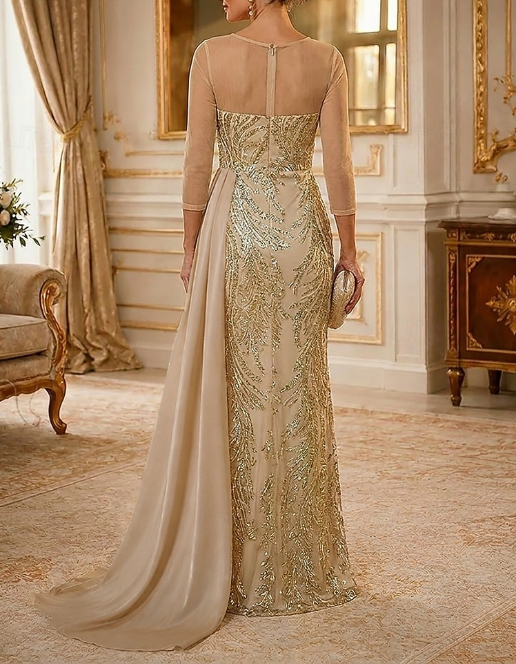 Abito lungo in chiffon con scollo rotondo, rete, paillettes e ricami
