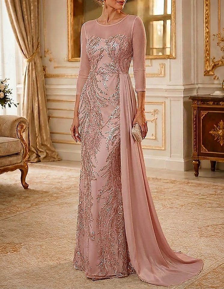 Vestido Maxi de Chiffon com Bordado de Lantejoulas em Malha e Decote Redondo