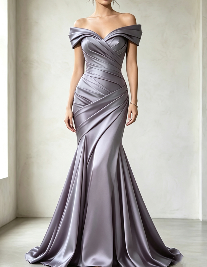 Vestido maxi plisado de satén con hombros descubiertos