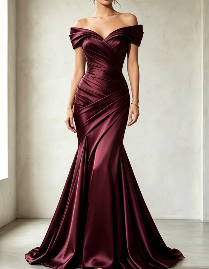 Vestido maxi plisado de satén con hombros descubiertos