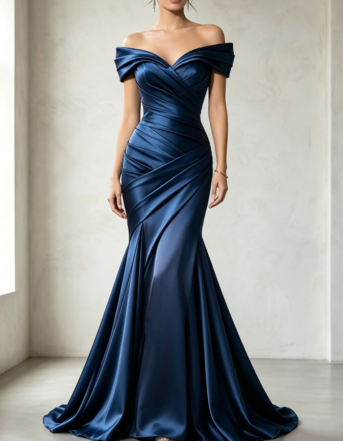 Vestido maxi plisado de satén con hombros descubiertos