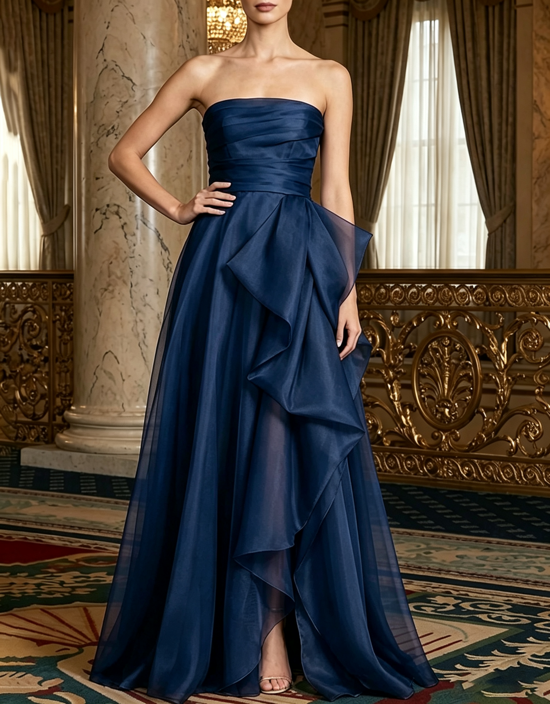 Vestido Maxi em Organza com Alças, Drapeado, Folhos, Fenda Lateral e Corte em A