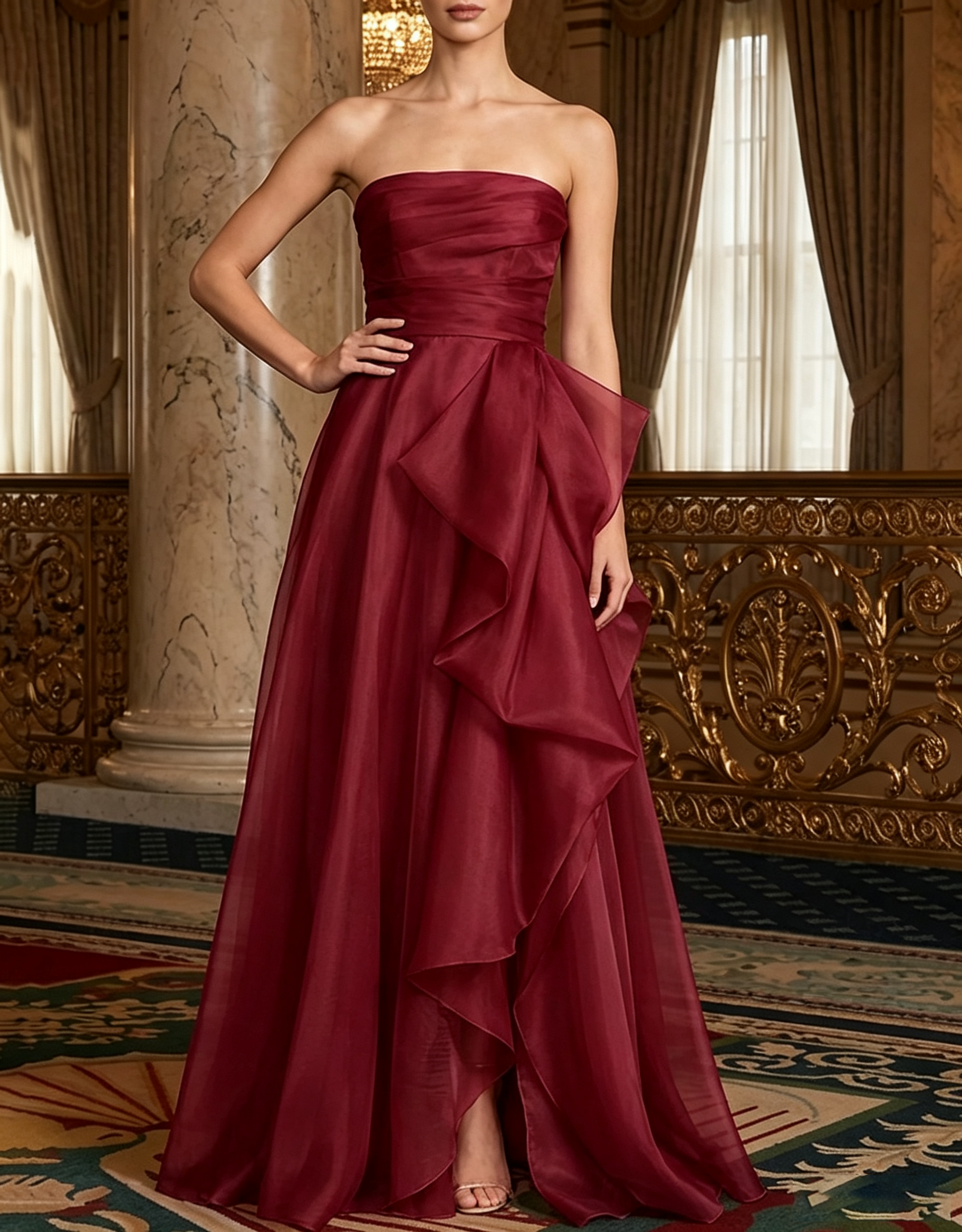 Vestido Maxi em Organza com Alças, Drapeado, Folhos, Fenda Lateral e Corte em A