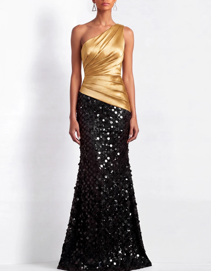 Vestido maxi de cetim drapeado com um ombro só e lantejoulas