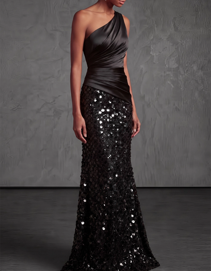 Robe longue asymétrique en satin drapé avec sequins
