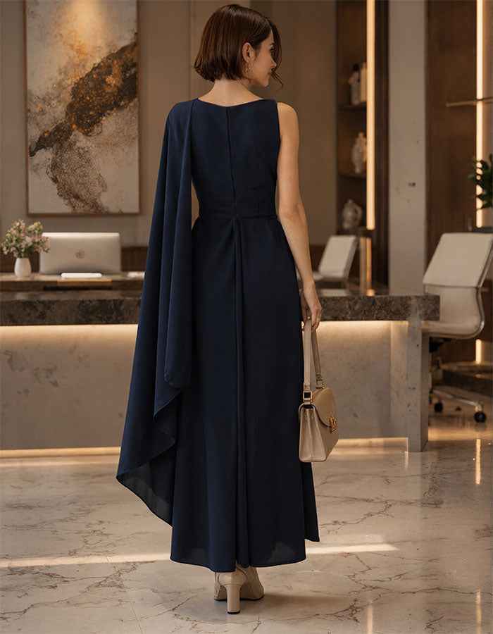 Dark Blue Chiffon Sleeveless Shawl Maxi Dress
