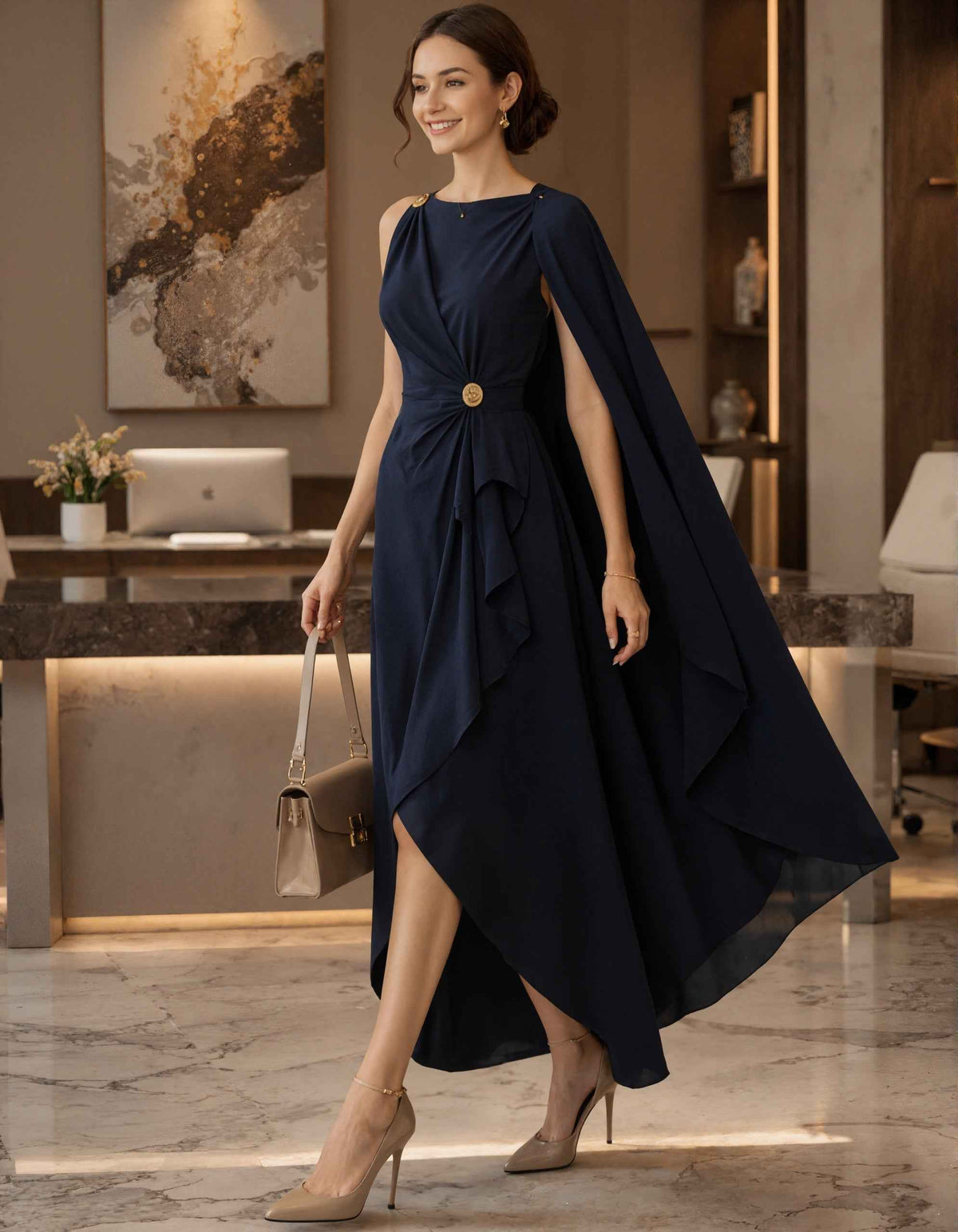 Dark Blue Chiffon Sleeveless Shawl Maxi Dress