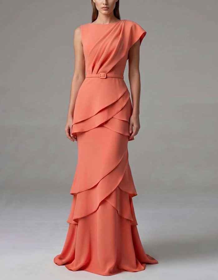 Coral Colored Asymmetrical Draped One Shoulder Maxi Dress