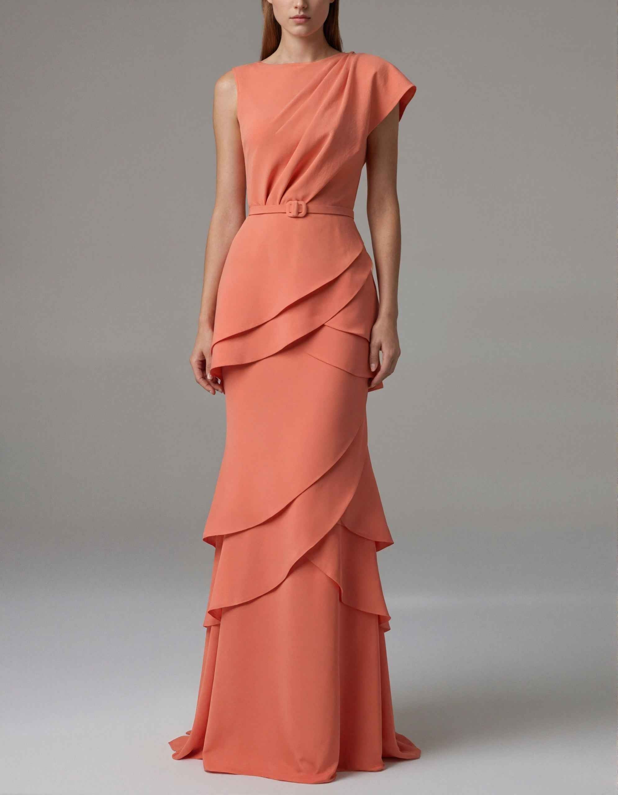 Coral Colored Asymmetrical Draped One Shoulder Maxi Dress
