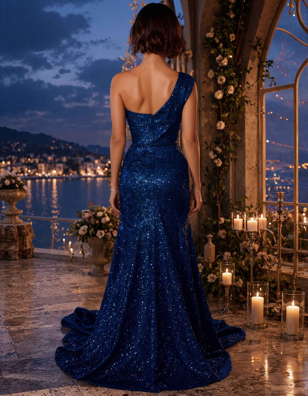 Blue Sequined Shoulder Maxi Dress