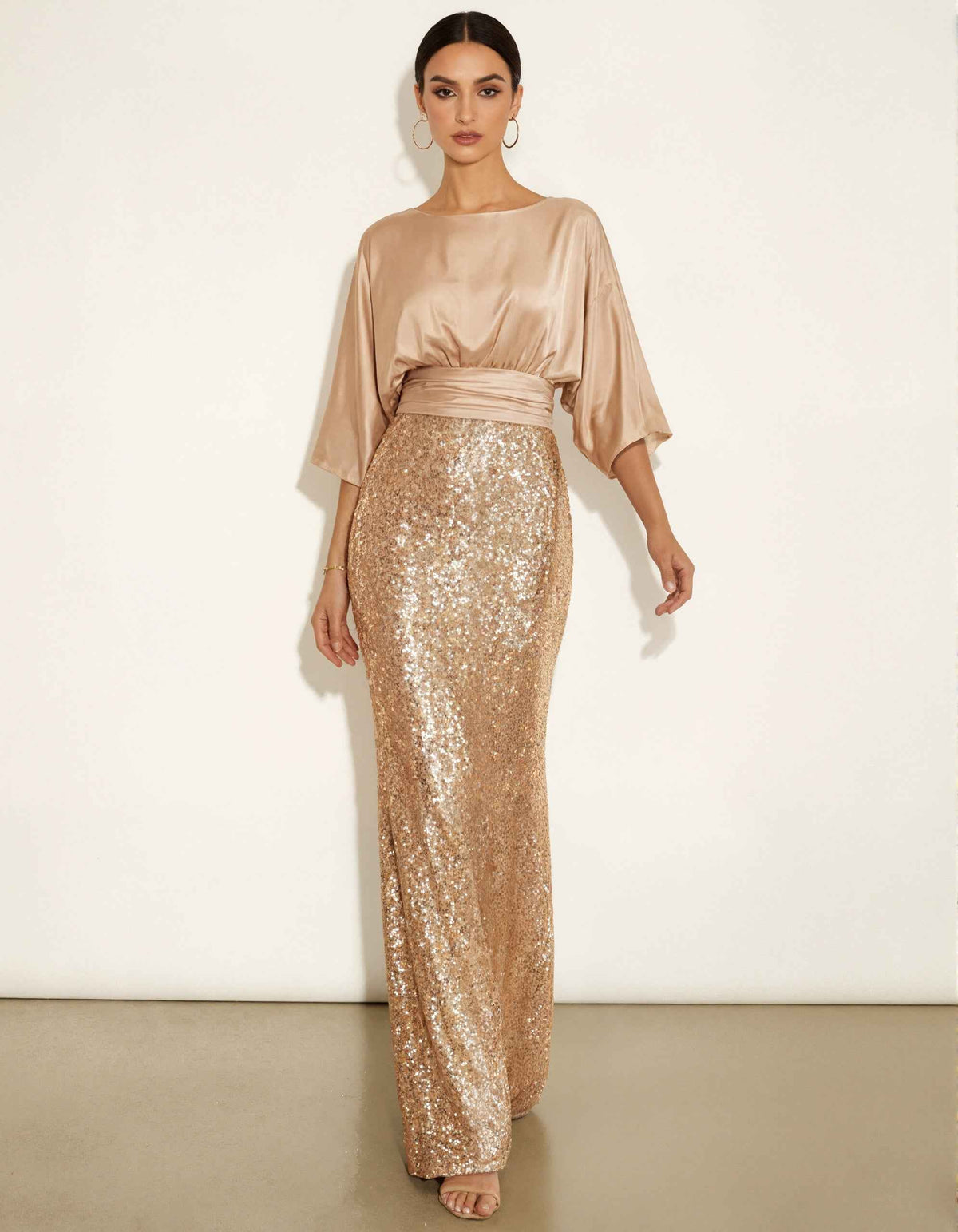 Champagne Satin Three Quarter Sleeve Elastic Waistband With Sequins Maxi Dress